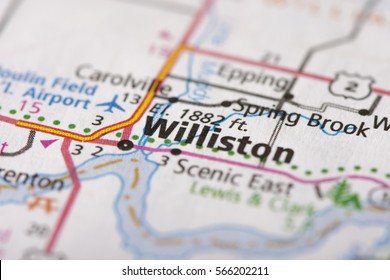 Closeup of Williston, North Dakota on a road map of the United States.