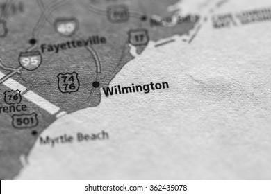 Closeup Of Wilmington, NC On A Geographical Map. (black And White)