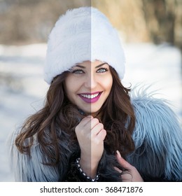 Closeup Winter Portrait Of Beautiful Young Brunette Woman Wearing Fur Hat And Coat, Before And After Retouch, Color Correction And Filter. Young Female Model Wearing Makeup Posing Outdoors Smiling.