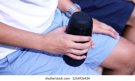 Closeup Wireless Bluetooth Waterproof Portable Black Speaker Outdoors At The Tanger Outlets In Deer Park, NY