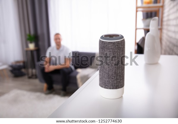 Closeup Wireless Speaker Front Man Sitting Stock Photo Edit Now