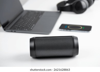 Close-up of wireless speaker on a table at office