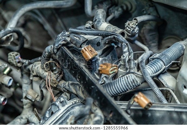Close-up\
of the wiring of the engine of a supported\
car