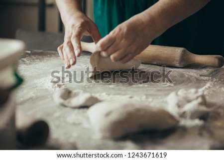 Similar – Foto Bild Frau beim Kneten von handwerklichem Brot auf Holztisch