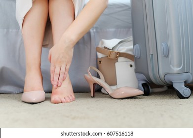  Closeup Of Woman Barefoot With Painful Toes. High Heels Shoe Feet Pain