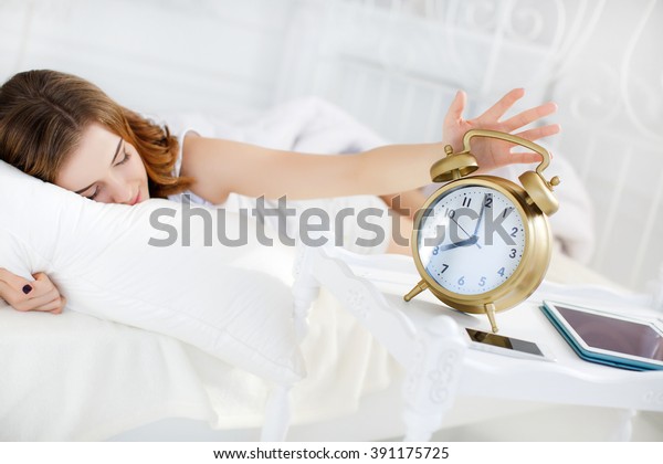 Closeup Woman Bed Extending Hand Alarm Stock Photo Edit Now