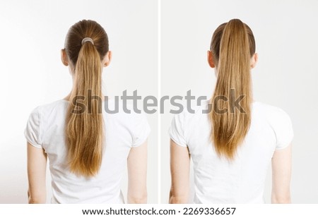 Closeup woman before after ponytails back view isolated white background. Hair Natural blonde straight long Hairstyle. Easy quick simple making styling ponytail. Hair-extensions for pony tail