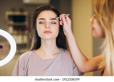 Close-up Of A Woman With Brown Hair Getting Makeup. Makeup Brush Near The Face. Makeup Artist Makes Colored Eyebrows Or Brush Eyebrows