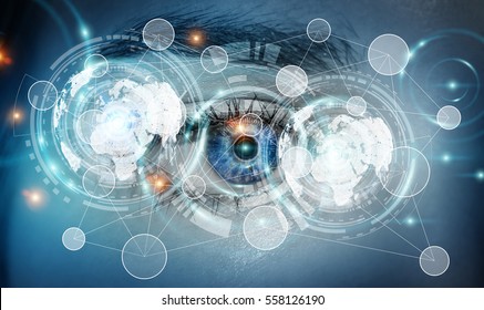 Close-up of woman digital eye during scanning process 3D rendering