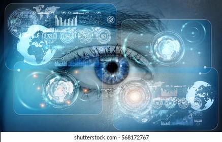 Close-up of woman digital eye during scanning process 3D rendering