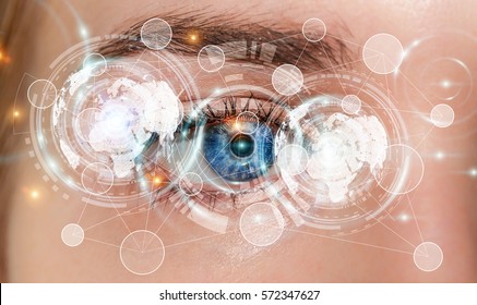 Close-up of woman digital eye during scanning process 3D rendering
