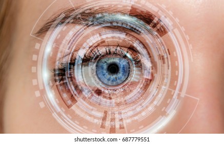 Close-up of woman digital eye during scanning process 3D rendering
