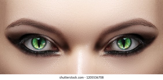 Close-up Of Woman Eyes. Halloween Makeup. Cat Eye Lens. Fashion Catwalk Black Make-Up. Luminous Green Cats Eyes. Closeup Shot