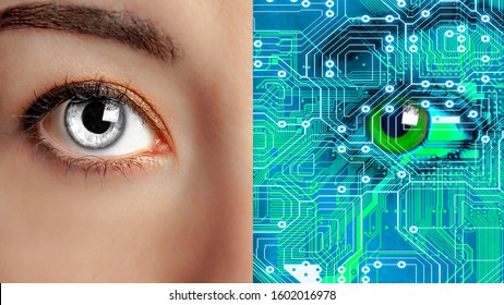 Closeup Woman Face Half Human And Half Robot