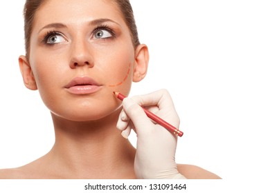 Closeup Woman Face With Surgery Mark On Her Cheek