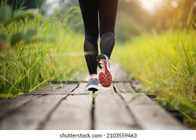 Closeup Woman Feet Running On Wooden Path In Field