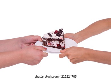 Close-up Of Woman Fight For Piece Of Cake, Isolated On White