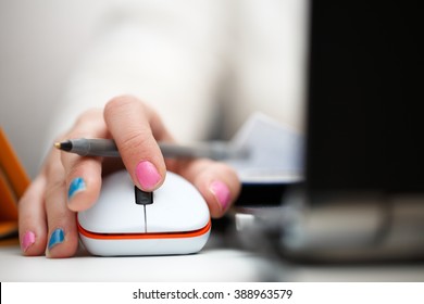 Closeup Of Woman Hand Clicking Mouse