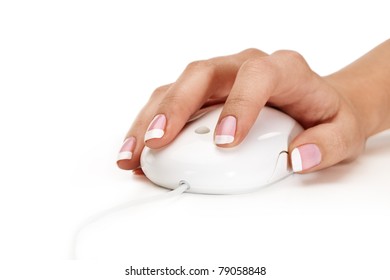 Closeup Of Woman Hand Holding Mouse Over Isolated Background