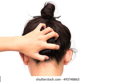 Closeup Woman Hand Itchy Scalp, Hair Care Concept 