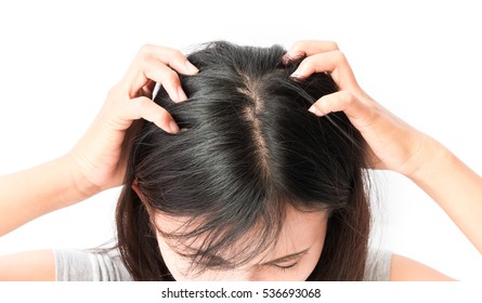 Closeup Woman Hand Itchy Scalp, Hair Care Concept