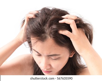 Closeup Woman Hand Itchy Scalp, Hair Care Concept