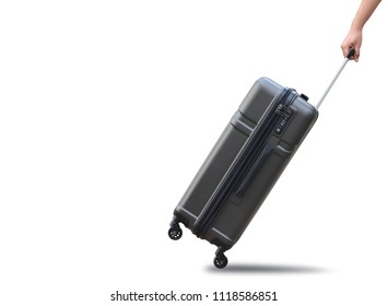Closeup of woman hand pulling black luggage isolated on white background, This has clipping path.