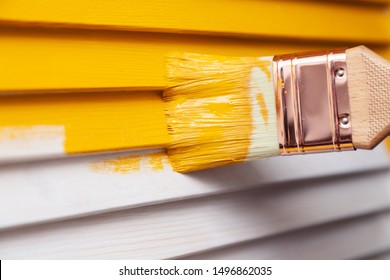 Closeup woman hand in purple rubber glove with paintbrush painting natural wooden door with orange paint. Concept colored bright creative design interior. How to Paint Wooden Surface. Selected focus