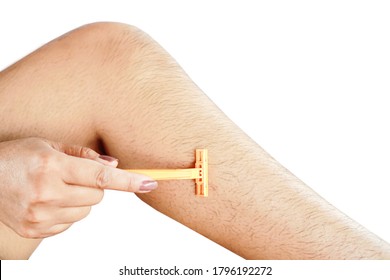 Closeup Woman Hand Shaving Hairy Leg By Razor Blade Isolated On White Background 