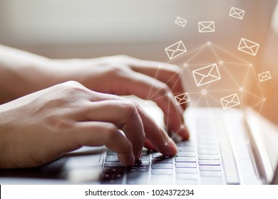 Closeup Woman hand using Laptop with email icon, Email concept.selective focus. - Shutterstock ID 1024372234