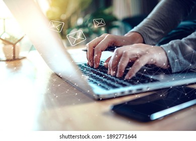 Closeup Woman Hand Using Laptop Pc With Email Icon, Work From Home, Email Concept