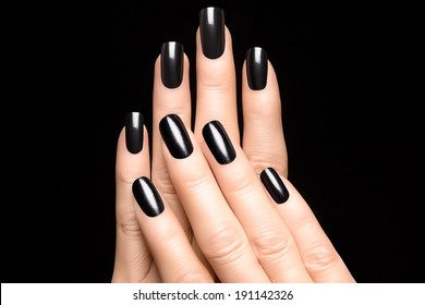 Closeup Of Woman Hands With Black Nails. Manicure