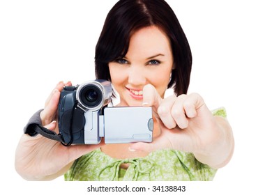 Close-up Of A Woman Holding A Home Video Camera Isolated Over White