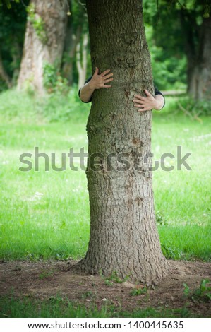 closeup of woman hugging a tree in a forest 