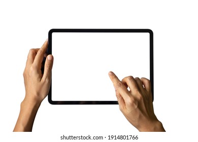 Close-up woman of Left hand held, right hand use finger touches with digital tablet white screen isolated on white background. Concept of technology, connection, communication, social.