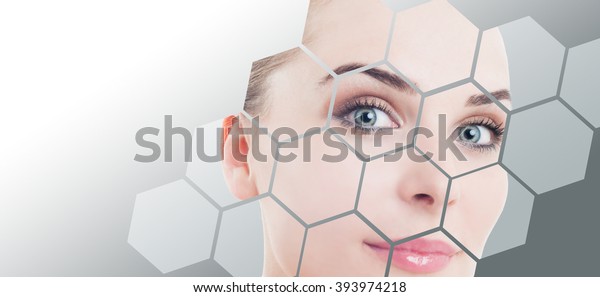 Close-up of woman perfect face\
with beauty correction and makeup against gray background\
gradient