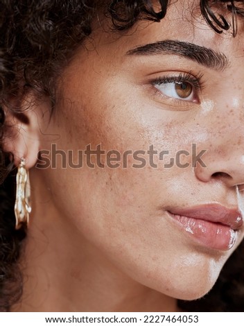 Closeup, woman and skincare for wellness, natural beauty and confident for makeup brand and fresh. Makeup, female or healthy girl happy, with freckles and smooth face for organic facial and cosmetics