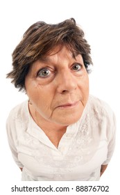 Close-up Of Woman Standing Over White Background.  Shot With Fisheye Lens.