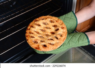 Closeup Of A Woman Taking A Fresh Baked Pumpkin Pie From The Oven.A Traditional American Dessert For Thanksgiving Day Holiday Feasts. Horizontal With The Persons Hands In Oven Mitts Only.