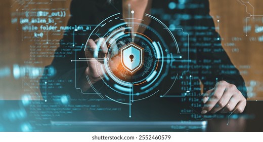 Close-up of a woman using a futuristic digital security interface with a lock and shield hologram, symbolizing cybersecurity on a blurred background