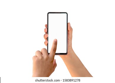 Close-up of a woman using her finger to print on a separate mobile phone screen on a white background with the clipping path. - Shutterstock ID 1583891278