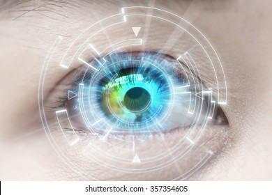 Close-up of woman's blue eye. High Technologies, contact lens, cataract