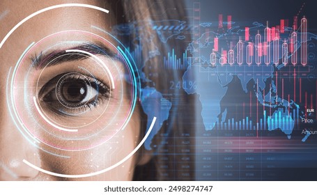 Close-up of a woman's eye with a futuristic digital interface overlay, set against a background of financial graphs and world map, representing data analysis and global market research concept