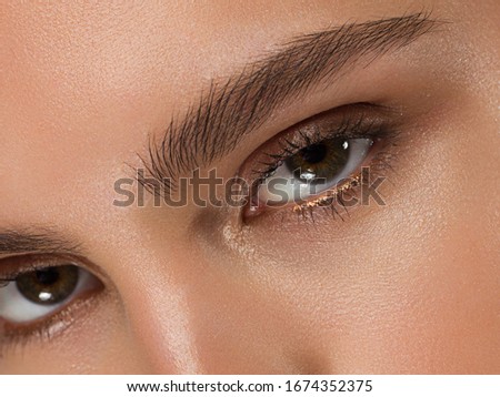 Close-up of woman's eyes with evening make-up. Fashionable shades of eye shadow, extremely long eyelashes and thick smooth eyebrows. Open beautiful look. Clean skin