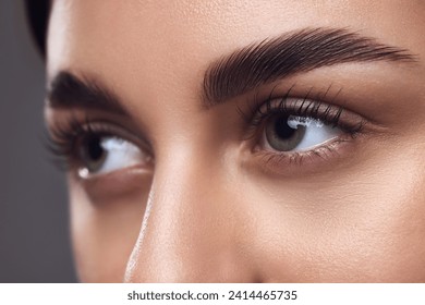 Close-up of a woman's eyes with well-defined eyebrows, full lashes, and smooth skin, highlighting meticulous grooming. Concept of beauty, eyebrow shaping kit, grooming and natural brow look. - Powered by Shutterstock