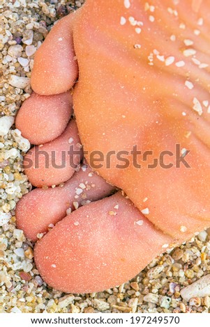 Closeup of a woman's foot and toes with sand on the beach.