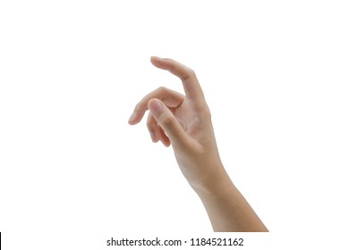 Close-up of woman's hand catching, touching or pointing to something isolated on white background