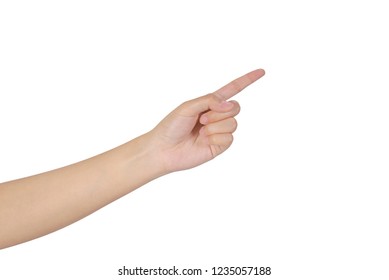 Close-up of woman's hand finger pointing, isolated on white background