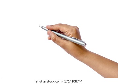 Close-up of a woman's hand holding a pen and writing gesture isolated on a white background with the clipping path.
