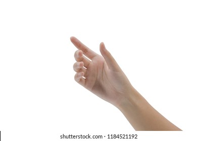 Close-up of woman's hand holding something like a bottle or a small thing isolated on white background